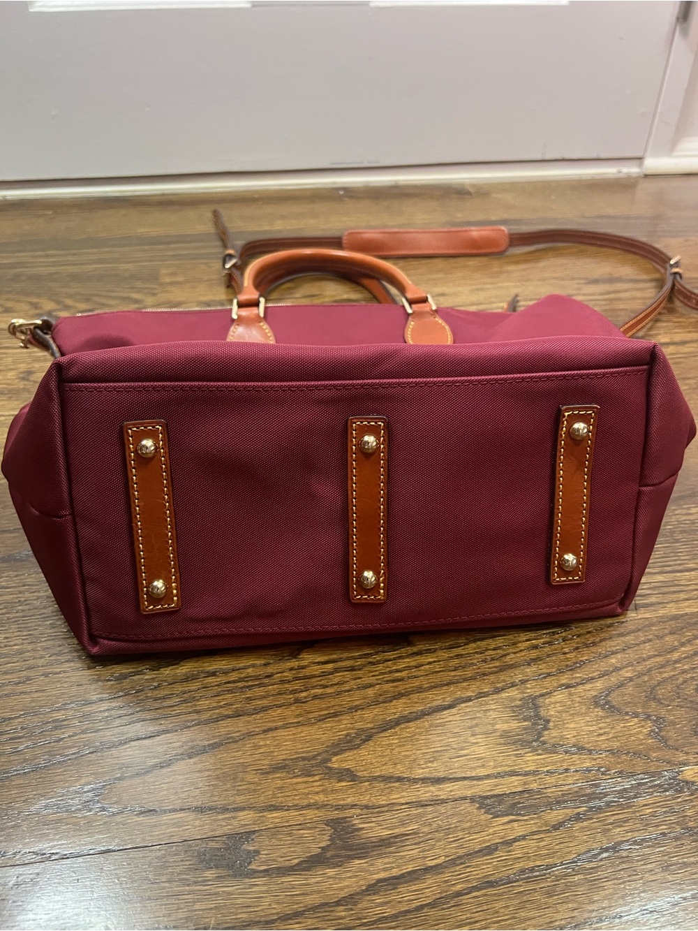 Dooney & Bourke Burgundy Nylon Shoulder Bag with Tan Leather Trim - Picture 9 of 13